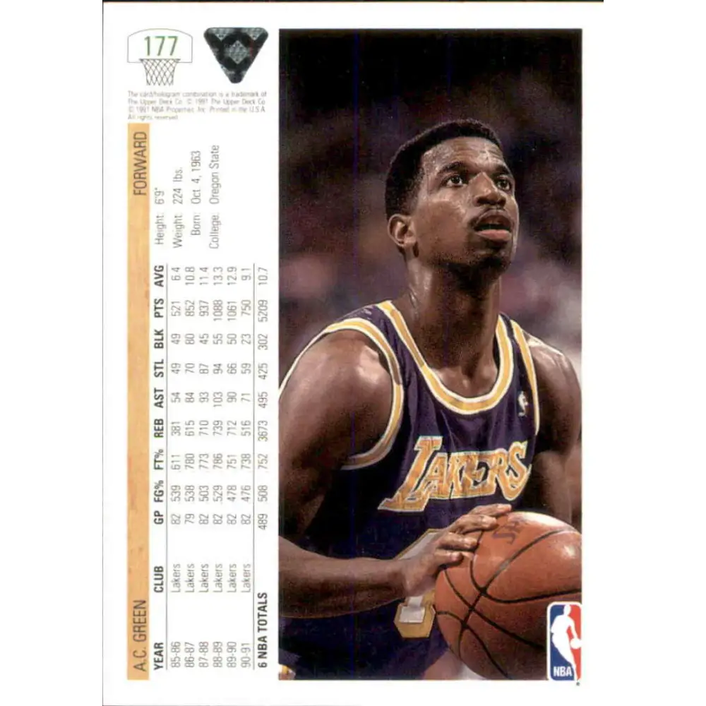 1991-92 Upper Deck #177 A.C. Green NM-MT Los Angeles Lakers Basketball Card Image 2