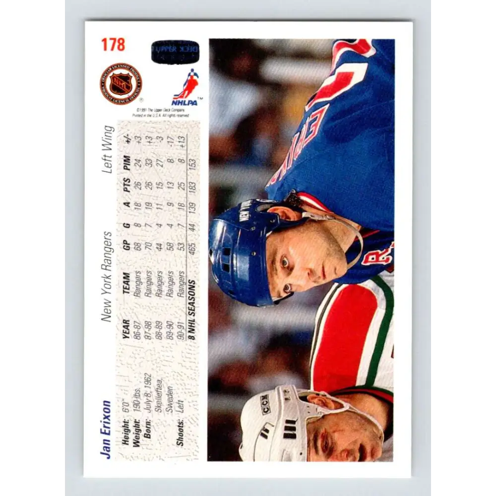 1991-92 Upper Deck #178 Jan Erixon NM-MT New York Rangers Hockey Card Image 2