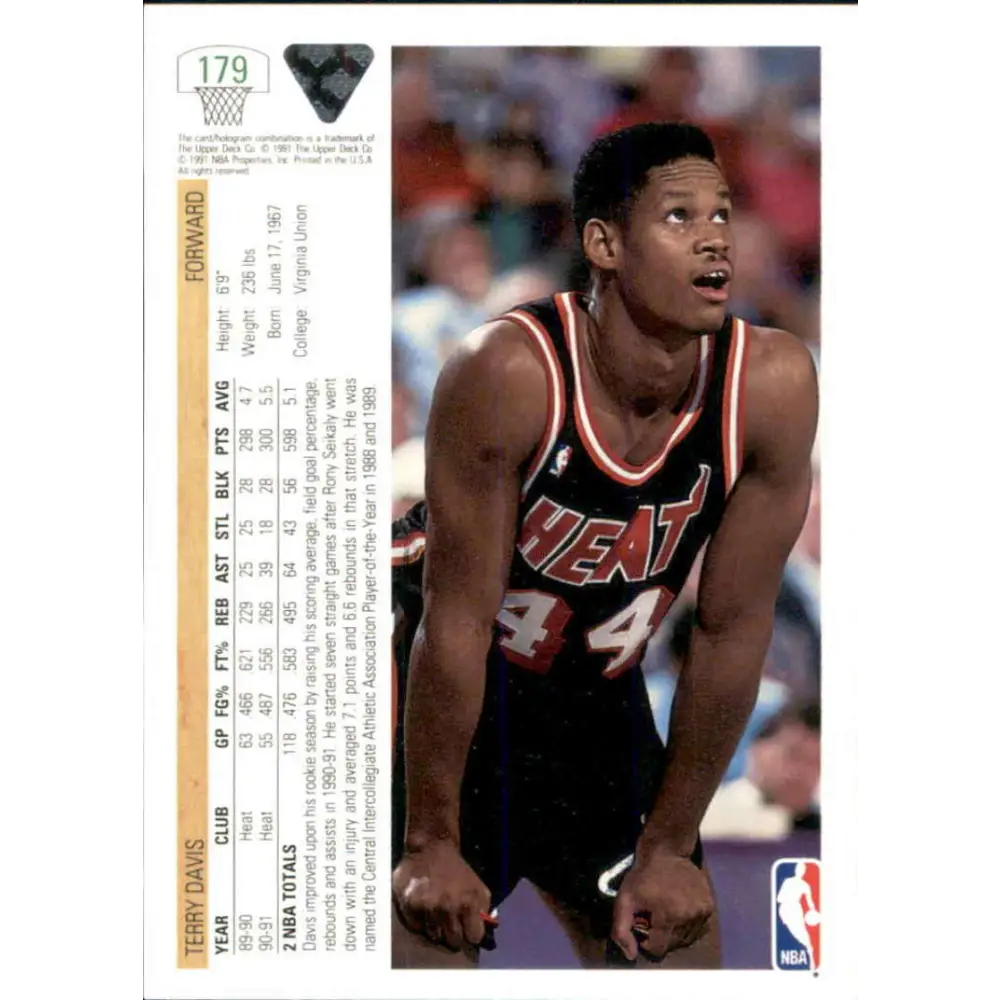 1991-92 Upper Deck #179 Terry Davis NM-MT Miami Heat Basketball Card Image 2