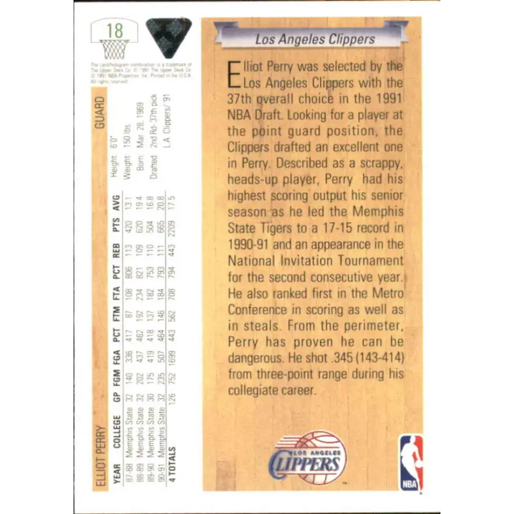 1991-92 Upper Deck #18 Elliot Perry NM-MT RC Rookie Los Angeles Clippers Basketball Card Image 2