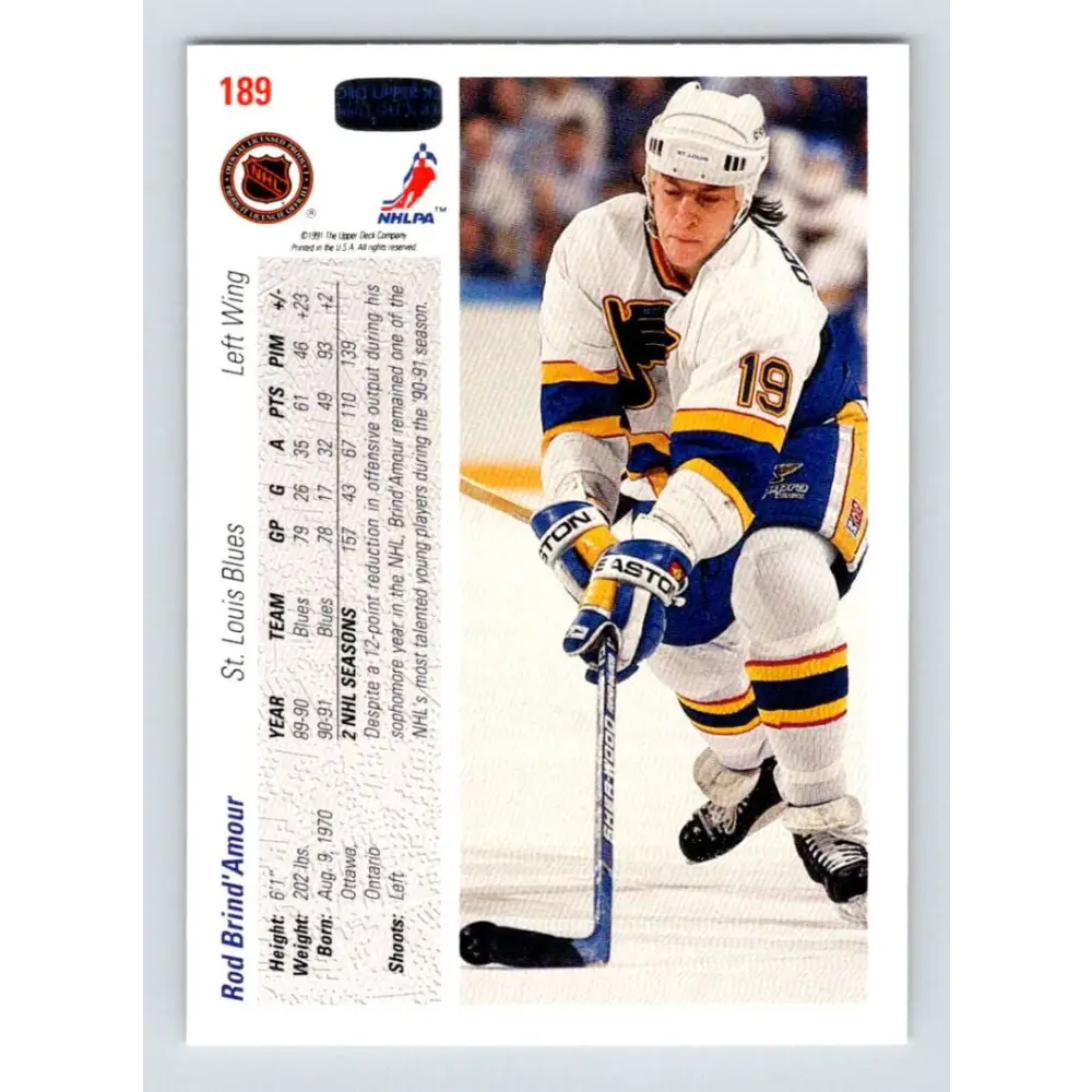 1991-92 Upper Deck #189 Rod Brind'Amour NM-MT Hockey Card Image 2