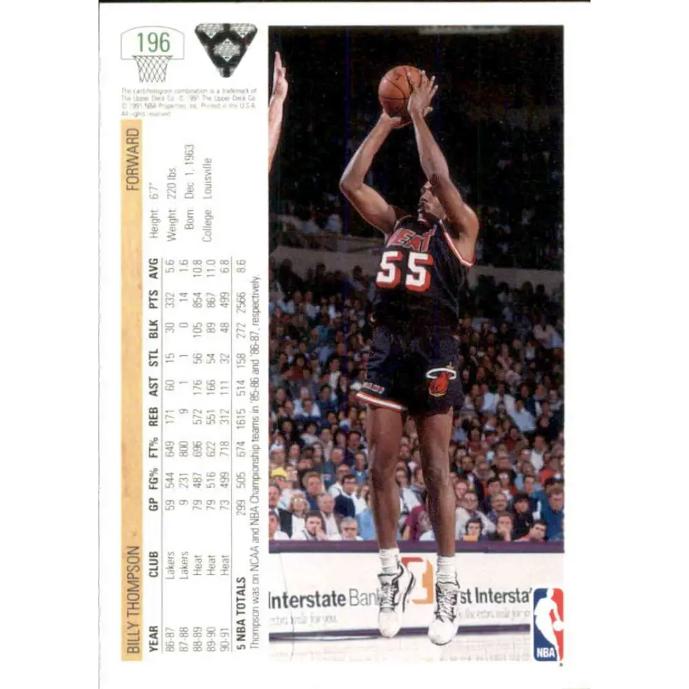 1991-92 Upper Deck #196 Billy Thompson NM-MT Miami Heat Basketball Card Image 2