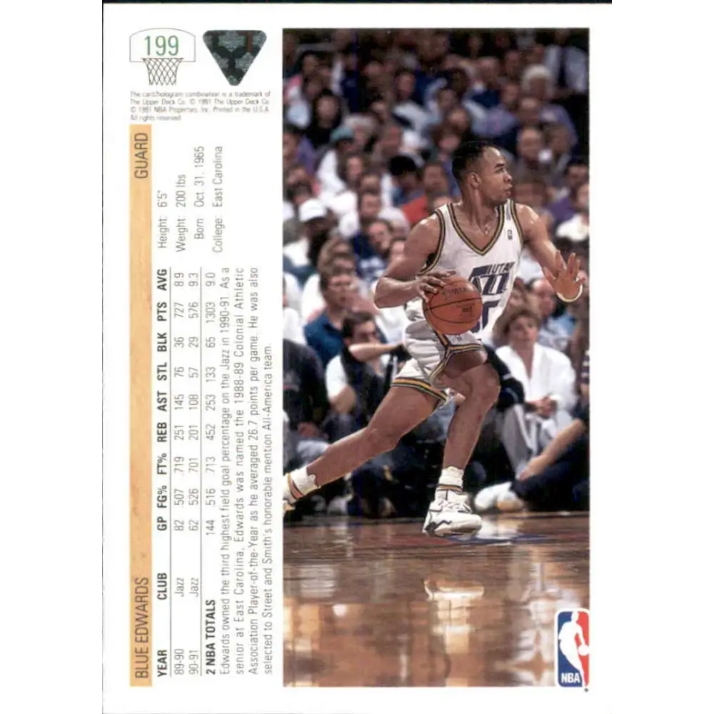 1991-92 Upper Deck #199 Blue Edwards NM-MT Utah Jazz Basketball Card Image 2