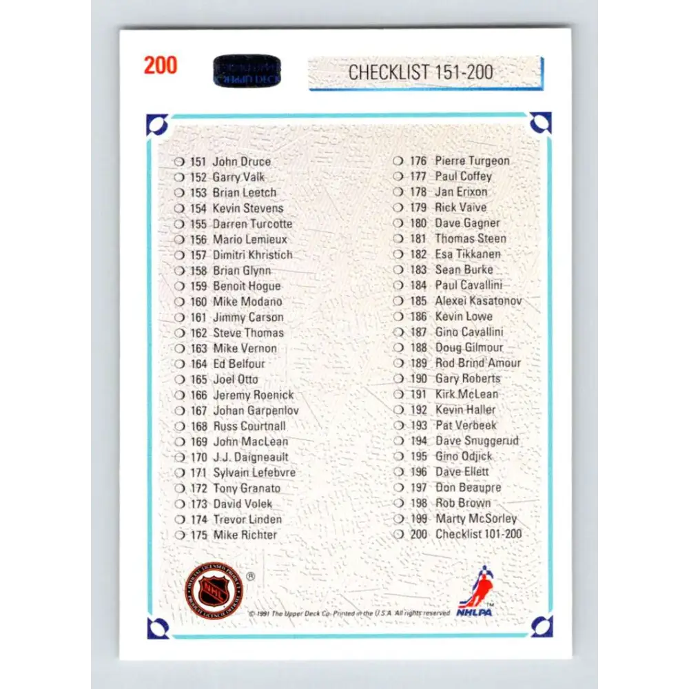 1991-92 Upper Deck #200 Checklist 101-200 NM-MT Hockey Card Image 2