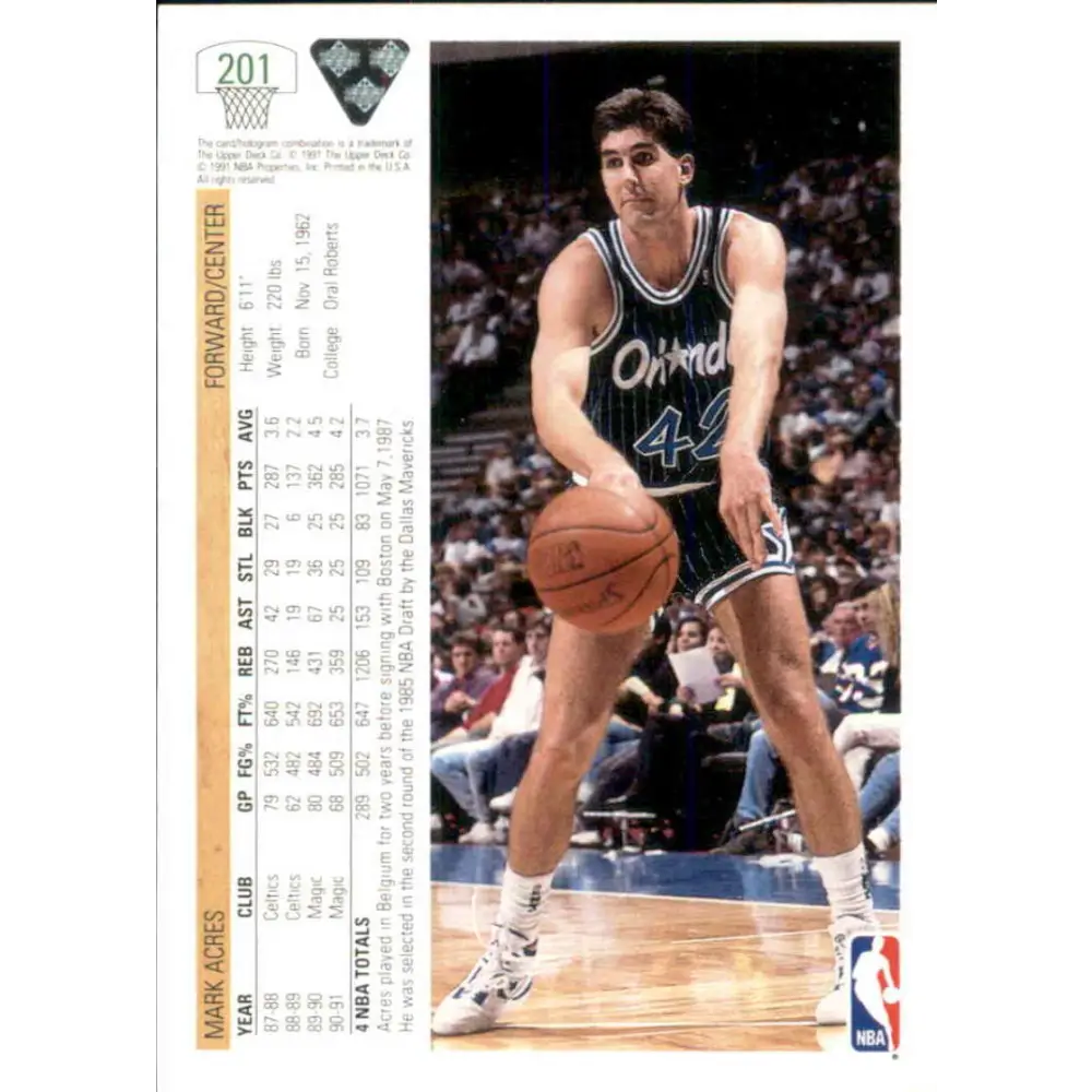 1991-92 Upper Deck #201 Mark Acres NM-MT Orlando Magic Basketball Card Image 2