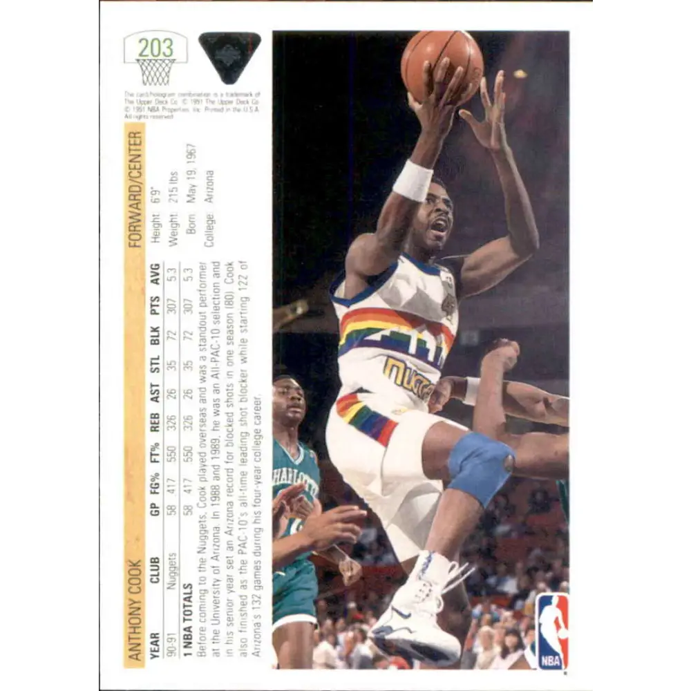 1991-92 Upper Deck #203 Anthony Cook NM-MT Denver Nuggets Basketball Card Image 2