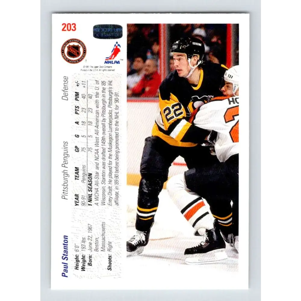 1991-92 Upper Deck #203 Paul Stanton NM-MT Pittsburgh Penguins Hockey Card Image 2