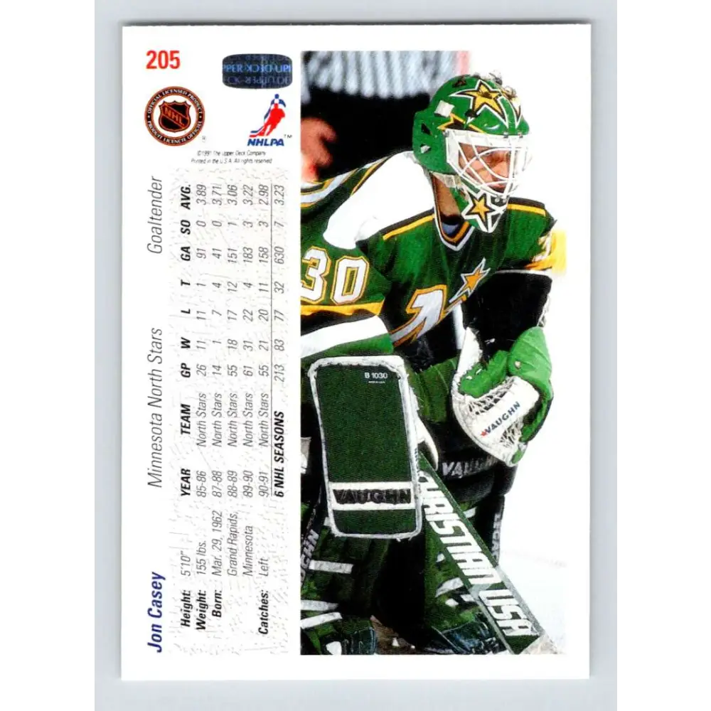 1991-92 Upper Deck #205 Jon Casey NM-MT Minnesota North Stars Hockey Card Image 2