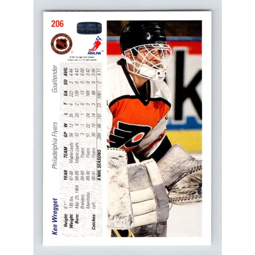 1991-92 Upper Deck #206 Ken Wregget NM-MT Philadelphia Flyers Hockey Card Image 2