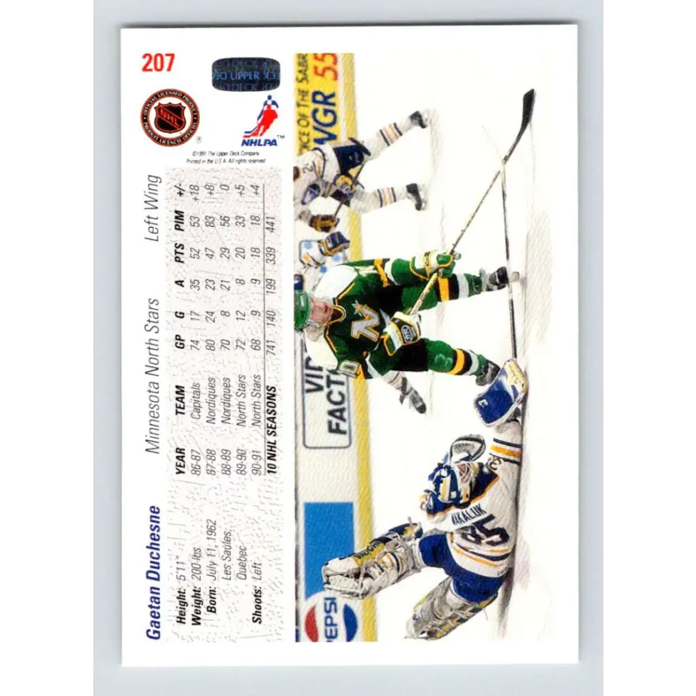 1991-92 Upper Deck #207 Gaetan Duchesne NM-MT Minnesota North Stars Hockey Card Image 2