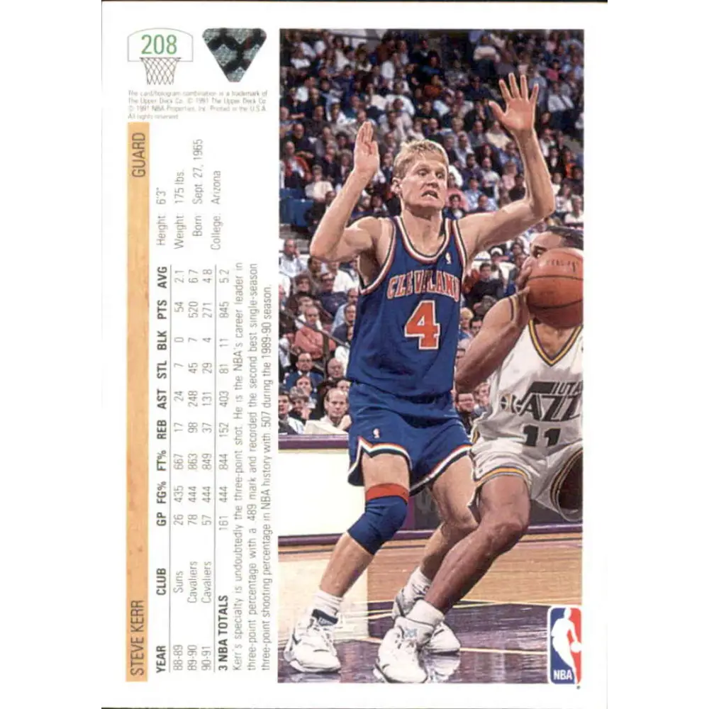 1991-92 Upper Deck #208 Steve Kerr NM-MT Cleveland Cavaliers Basketball Card Image 2