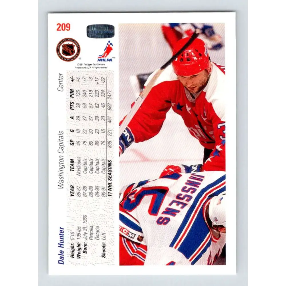 1991-92 Upper Deck #209 Dale Hunter NM-MT Washington Capitals Hockey Card Image 2