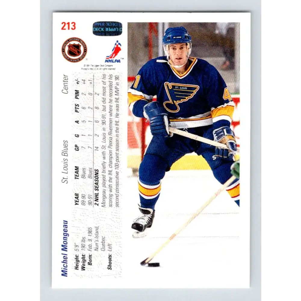 1991-92 Upper Deck #213 Michel Mongeau NM-MT Hockey Card Image 2