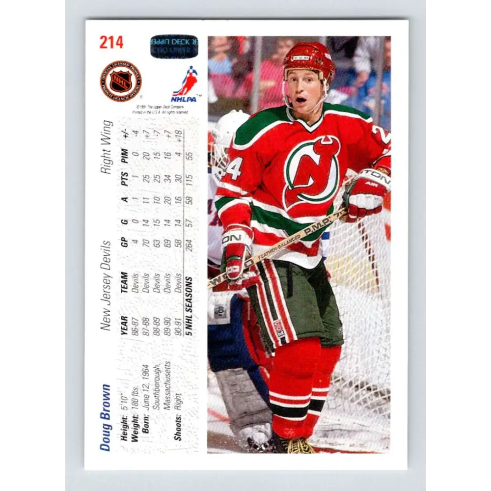 1991-92 Upper Deck #214 Doug Brown NM-MT New Jersey Devils Hockey Card Image 2