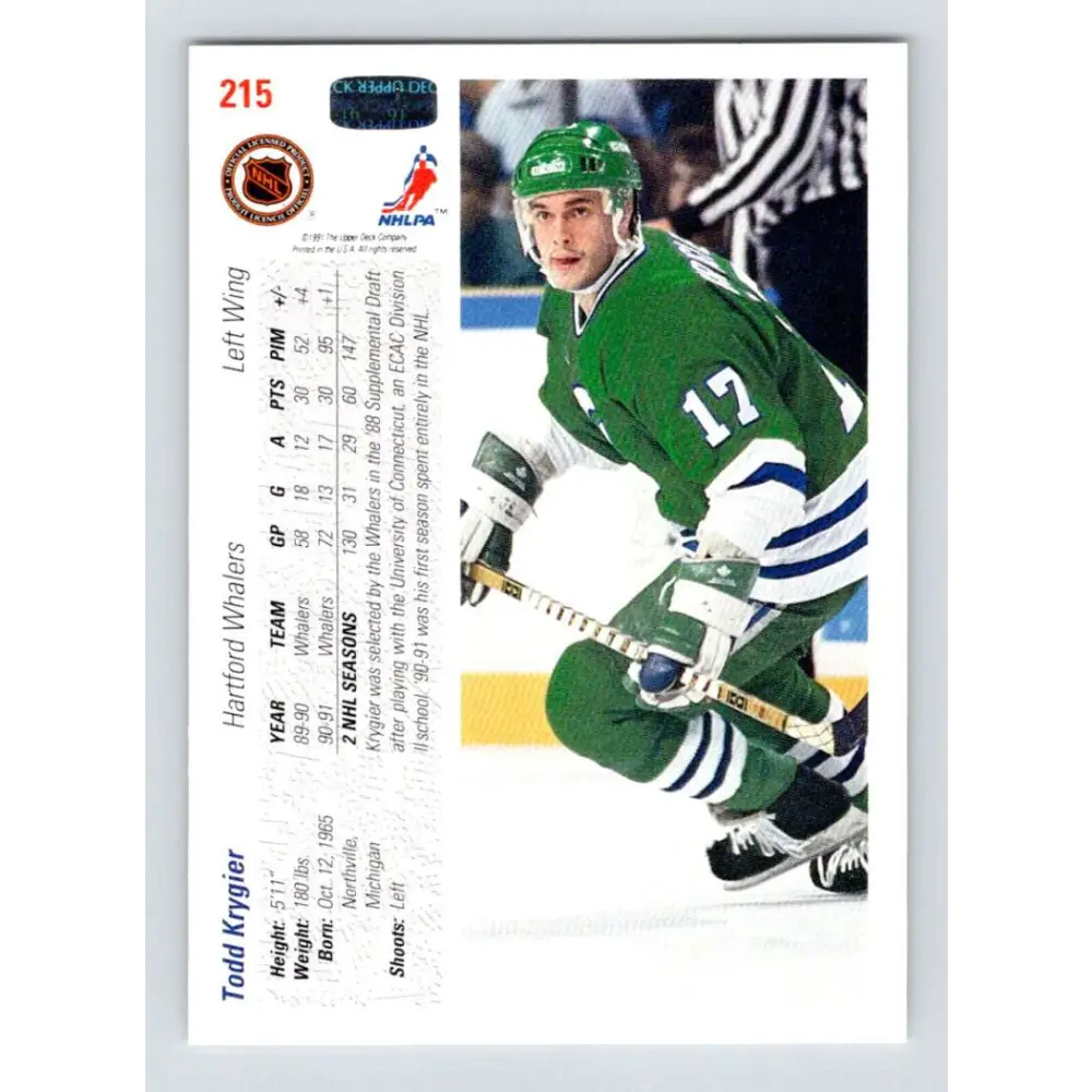 1991-92 Upper Deck #215 Todd Krygier NM-MT Hockey Card Image 2