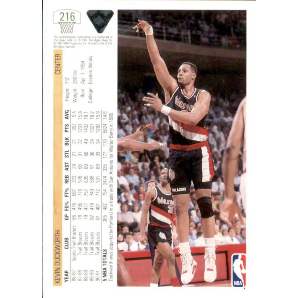 1991-92 Upper Deck #216 Kevin Duckworth NM-MT Portland Trail Blazers Basketball Card Image 2