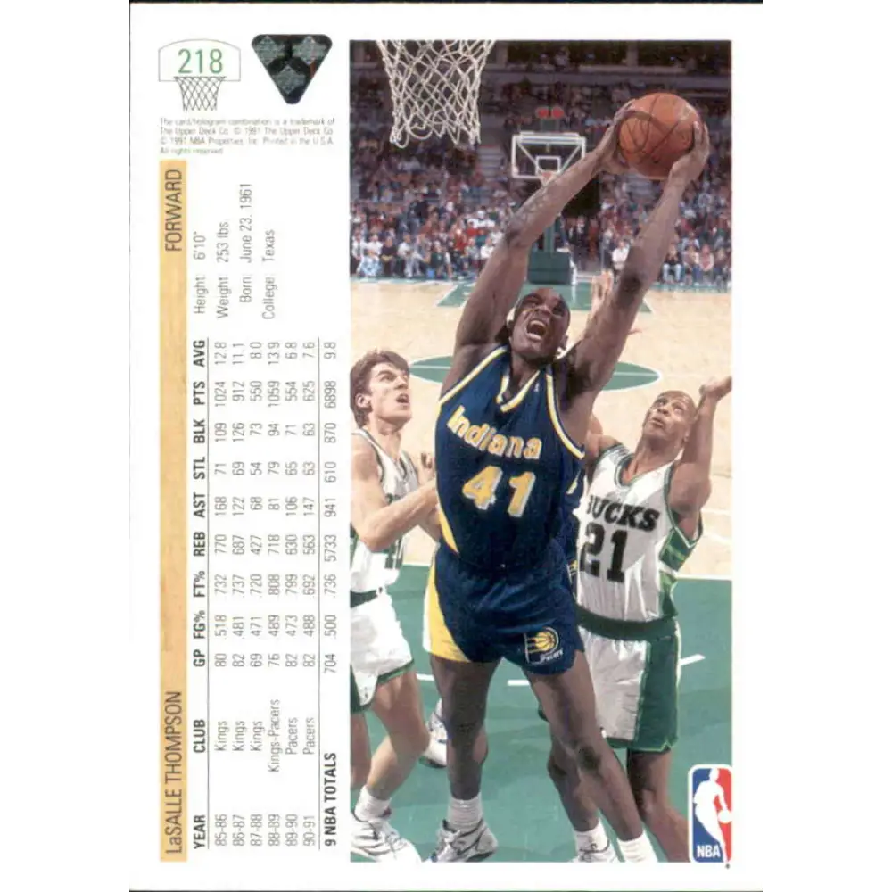 1991-92 Upper Deck #218 LaSalle Thompson NM-MT Indiana Pacers Basketball Card Image 2