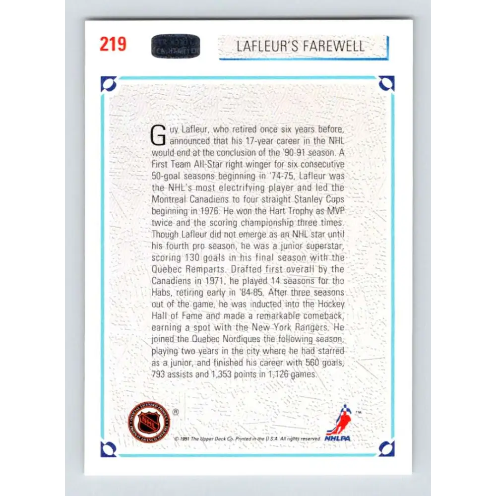 1991-92 Upper Deck #219 Guy Lafleur Farewell NM-MT Hockey Card Image 2