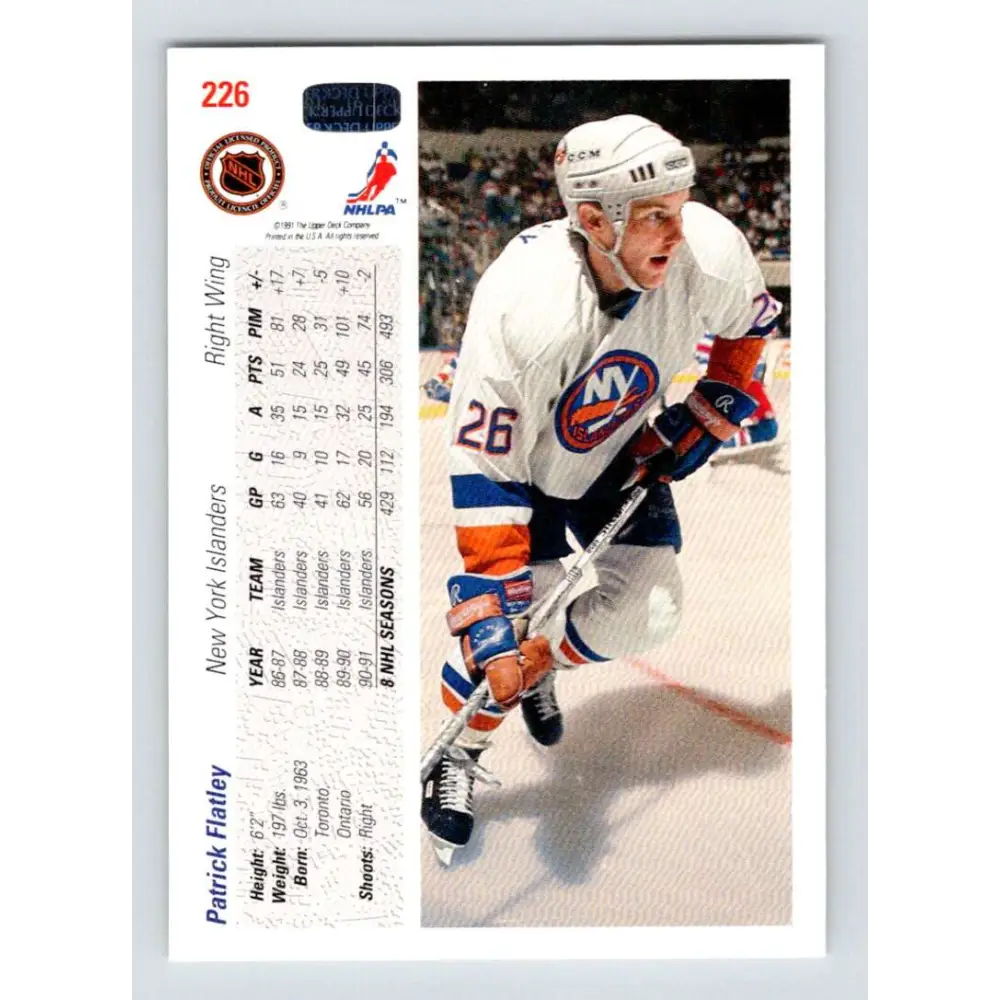 1991-92 Upper Deck #226 Patrick Flatley NM-MT New York Islanders Hockey Card Image 2