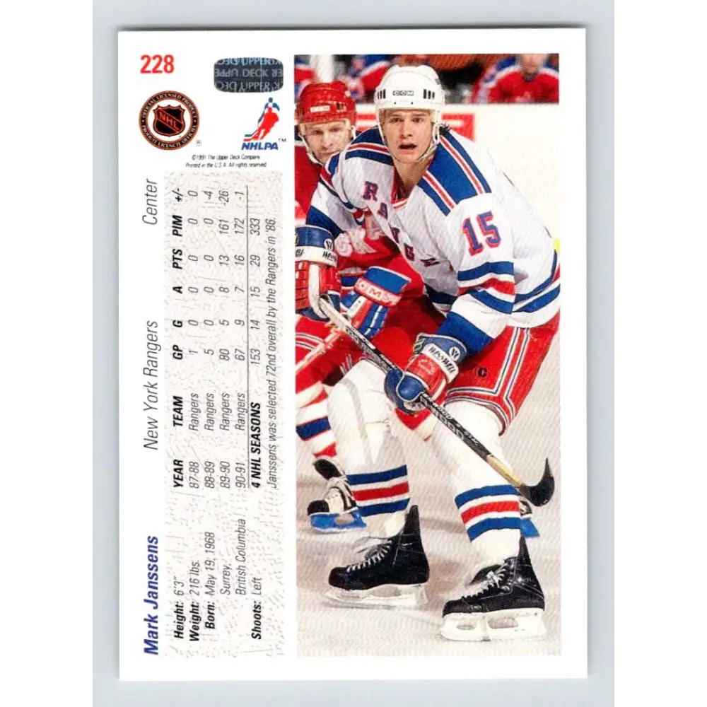 1991-92 Upper Deck #228 Mark Janssens NM-MT New York Rangers Hockey Card Image 2