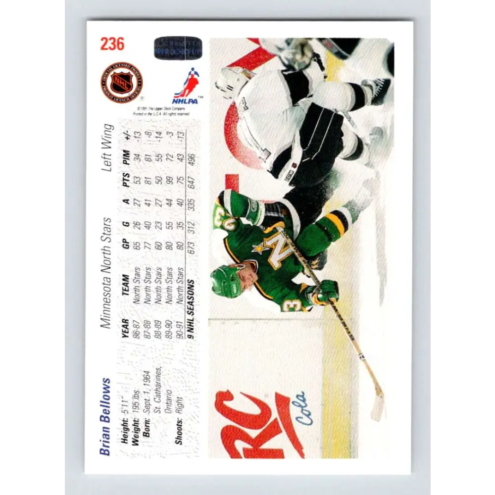 1991-92 Upper Deck #236 Brian Bellows NM-MT Minnesota North Stars Hockey Card Image 2