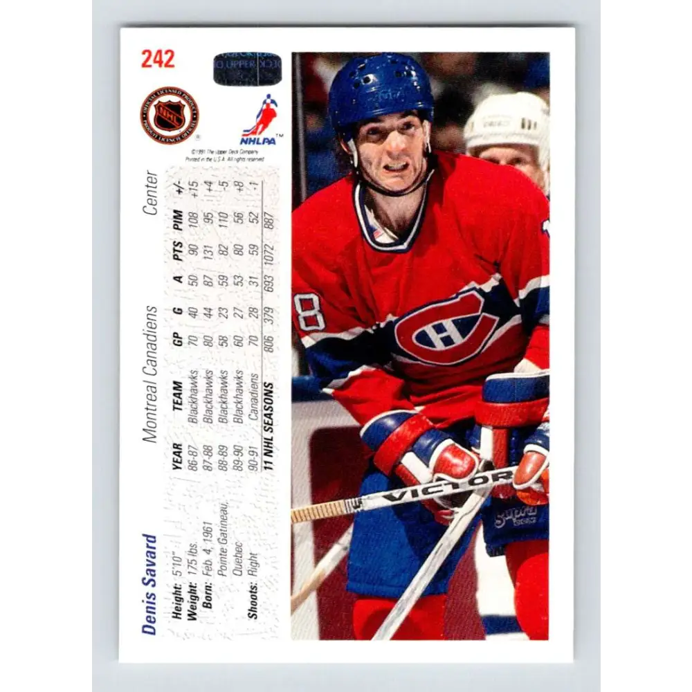 1991-92 Upper Deck #242 Denis Savard NM-MT Montreal Canadiens Hockey Card Image 2