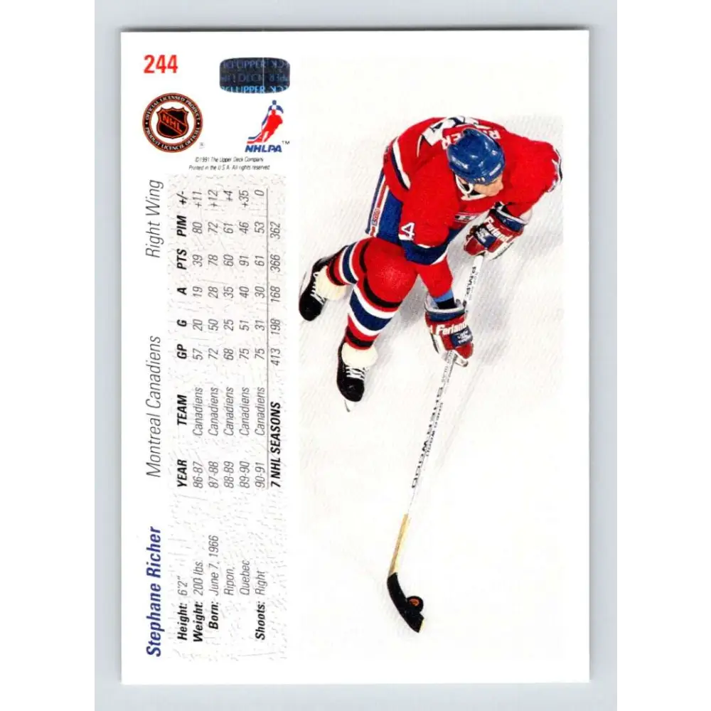 1991-92 Upper Deck #244 Stephane Richer NM-MT Hockey Card Image 2