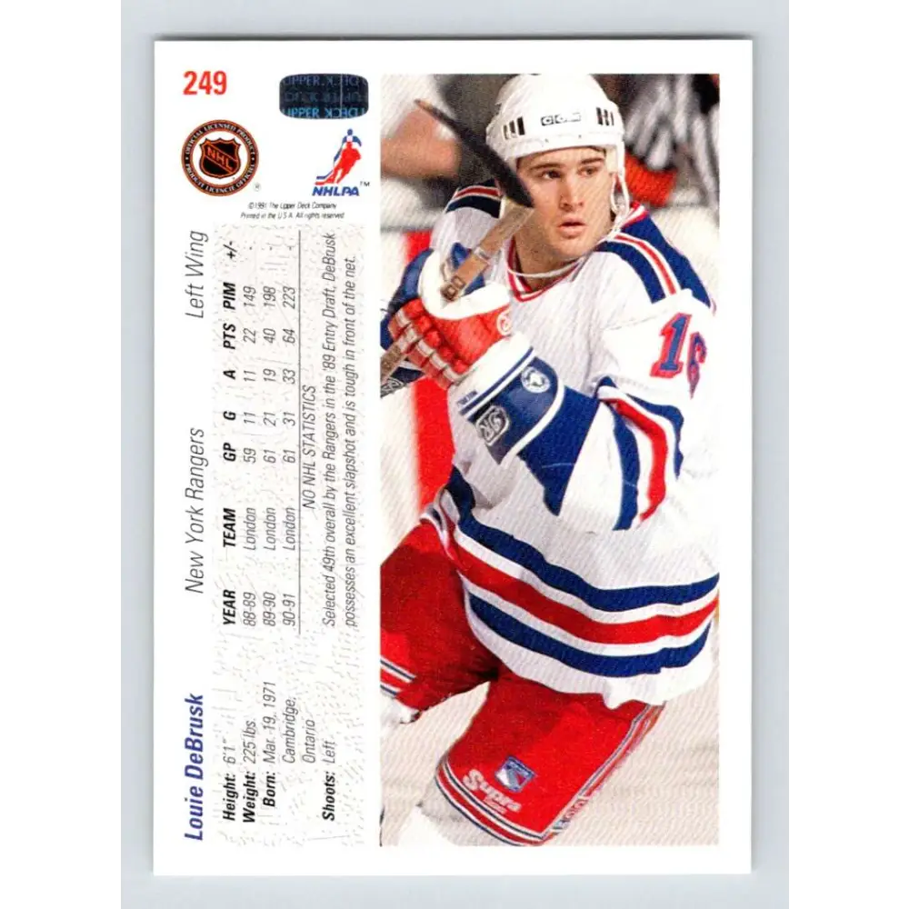 1991-92 Upper Deck #249 Louie DeBrusk NM-MT RC Rookie Edmonton Oilers Hockey Card Image 2