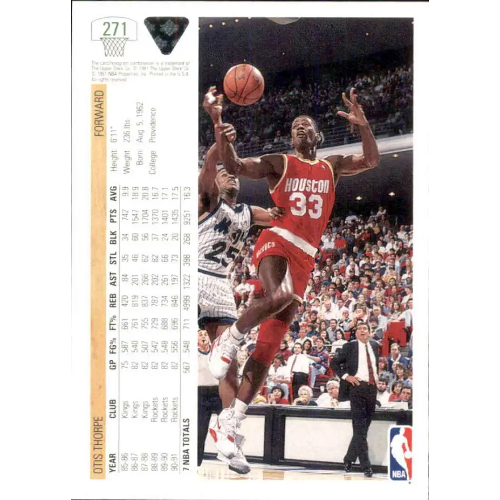 1991-92 Upper Deck #271 Otis Thorpe NM-MT Houston Rockets Basketball Card Image 2