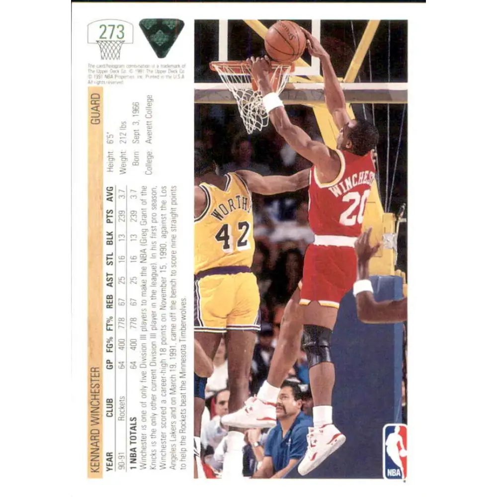 1991-92 Upper Deck #273 Kennard Winchester NM-MT RC Rookie Houston Rockets Basketball Card Image 2
