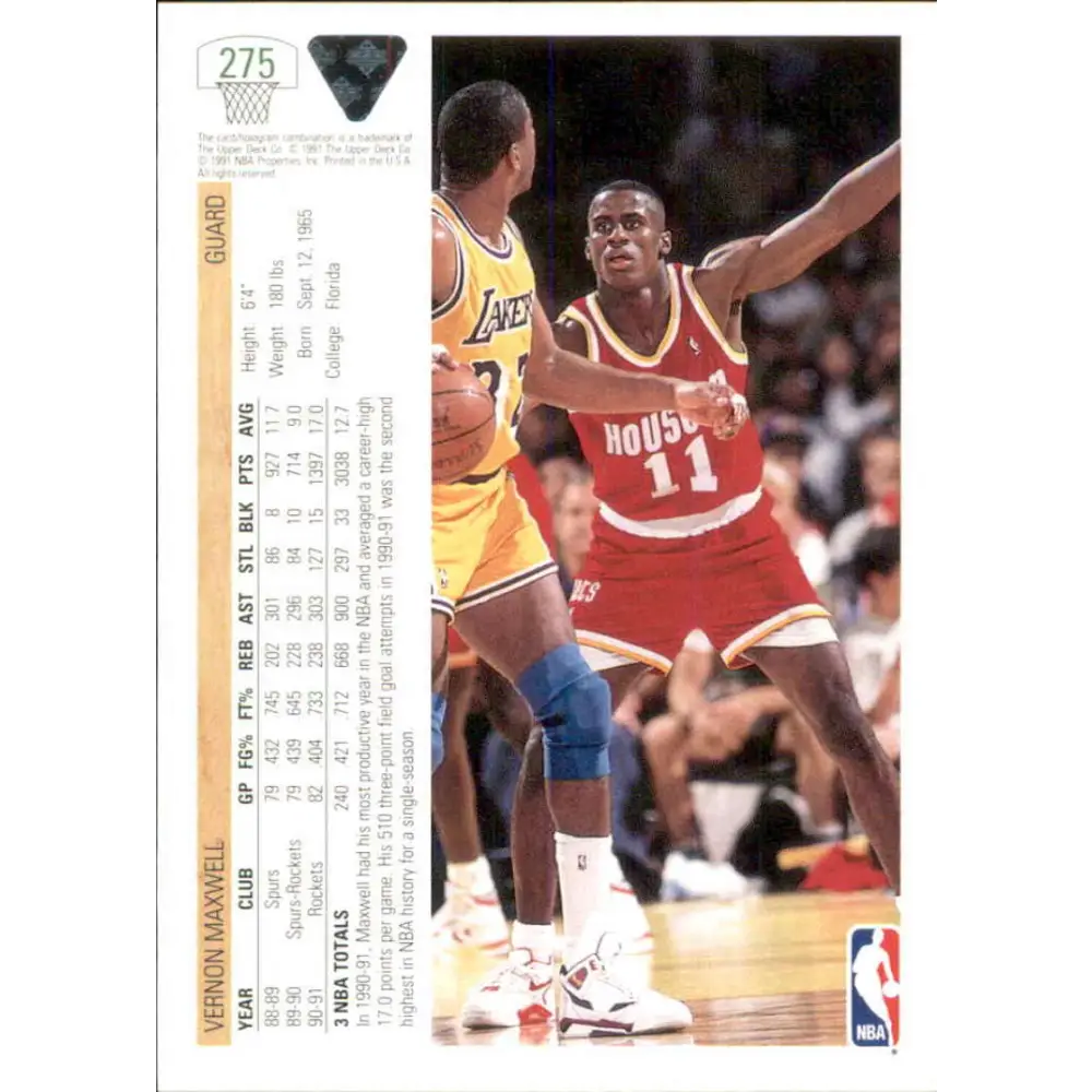 1991-92 Upper Deck #275 Vernon Maxwell NM-MT Houston Rockets Basketball Card Image 2