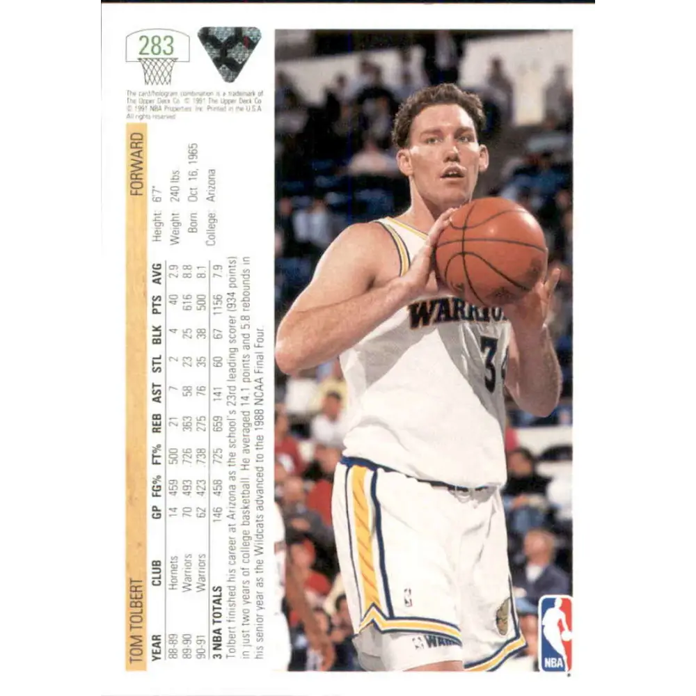 1991-92 Upper Deck #283 Tom Tolbert NM-MT Golden State Warriors Basketball Card Image 2