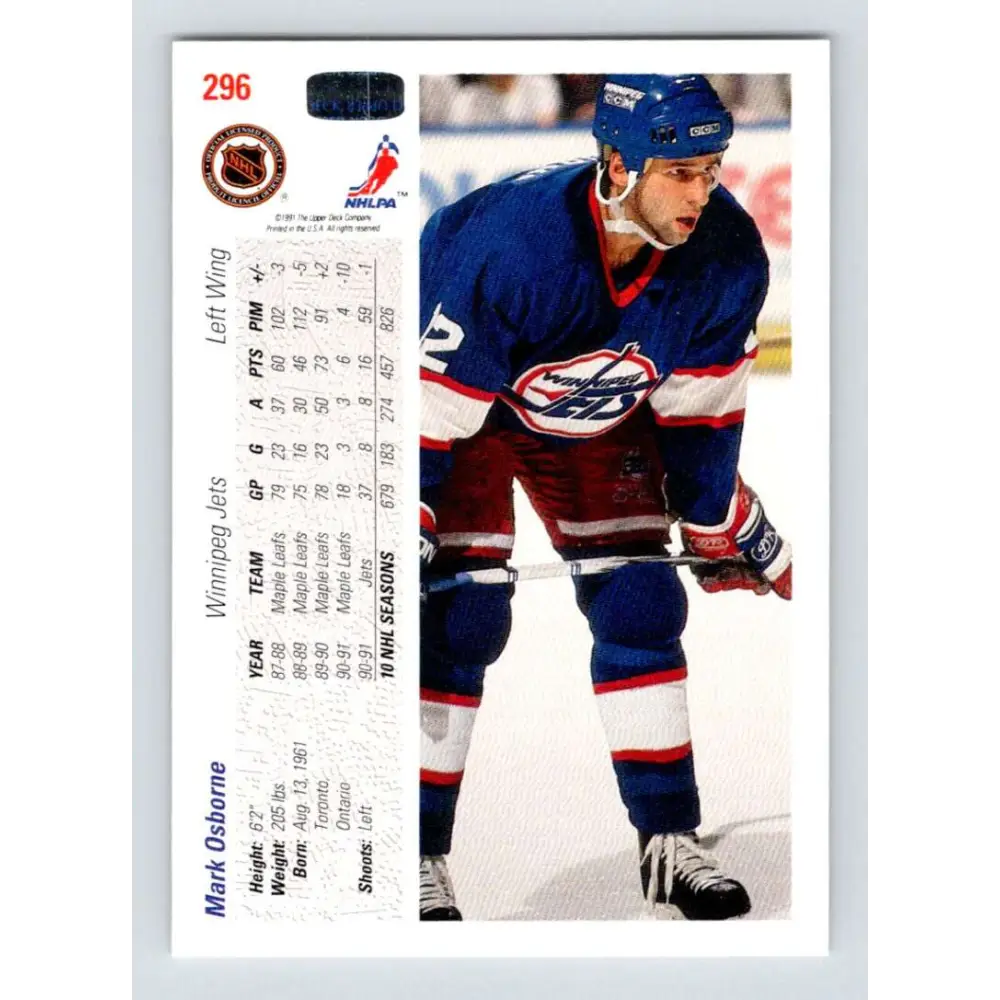 1991-92 Upper Deck #296 Mark Osborne NM-MT Winnipeg Jets Hockey Card Image 2