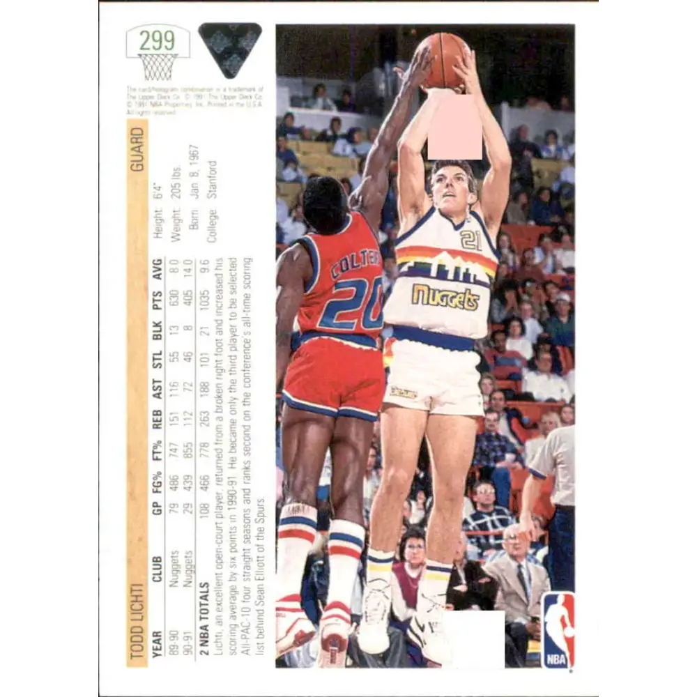 1991-92 Upper Deck #299 Todd Lichti NM-MT Denver Nuggets Basketball Card Image 2