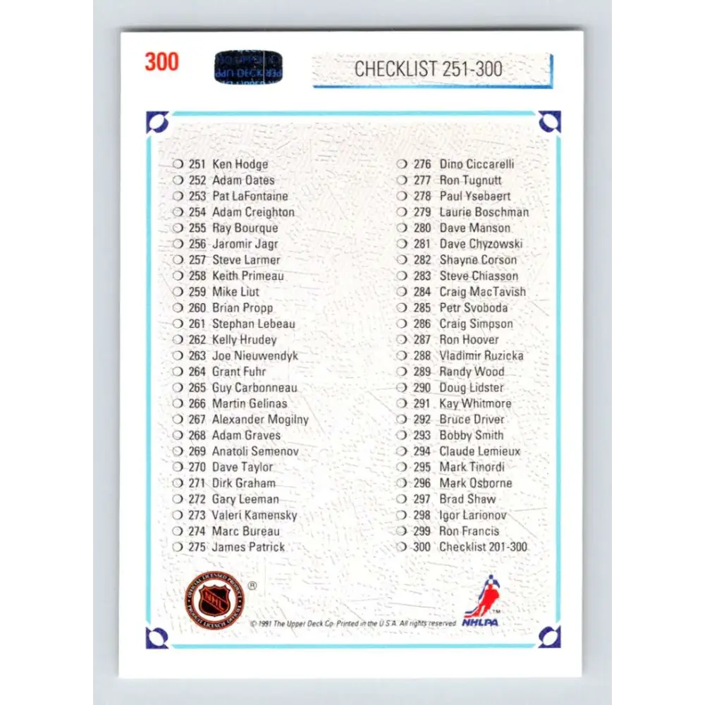 1991-92 Upper Deck #300 Checklist 201-300 NM-MT Hockey Card Image 2