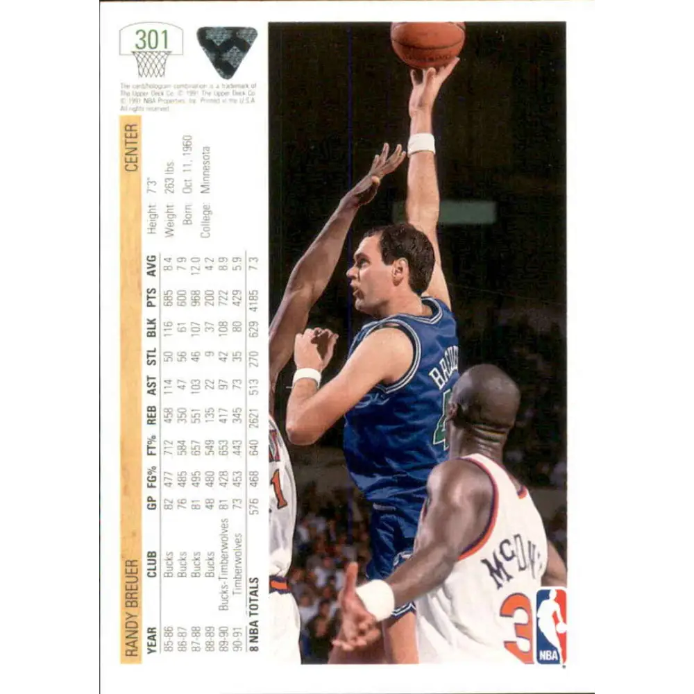 1991-92 Upper Deck #301 Randy Breuer NM-MT Minnesota Timberwolves Basketball Card Image 2