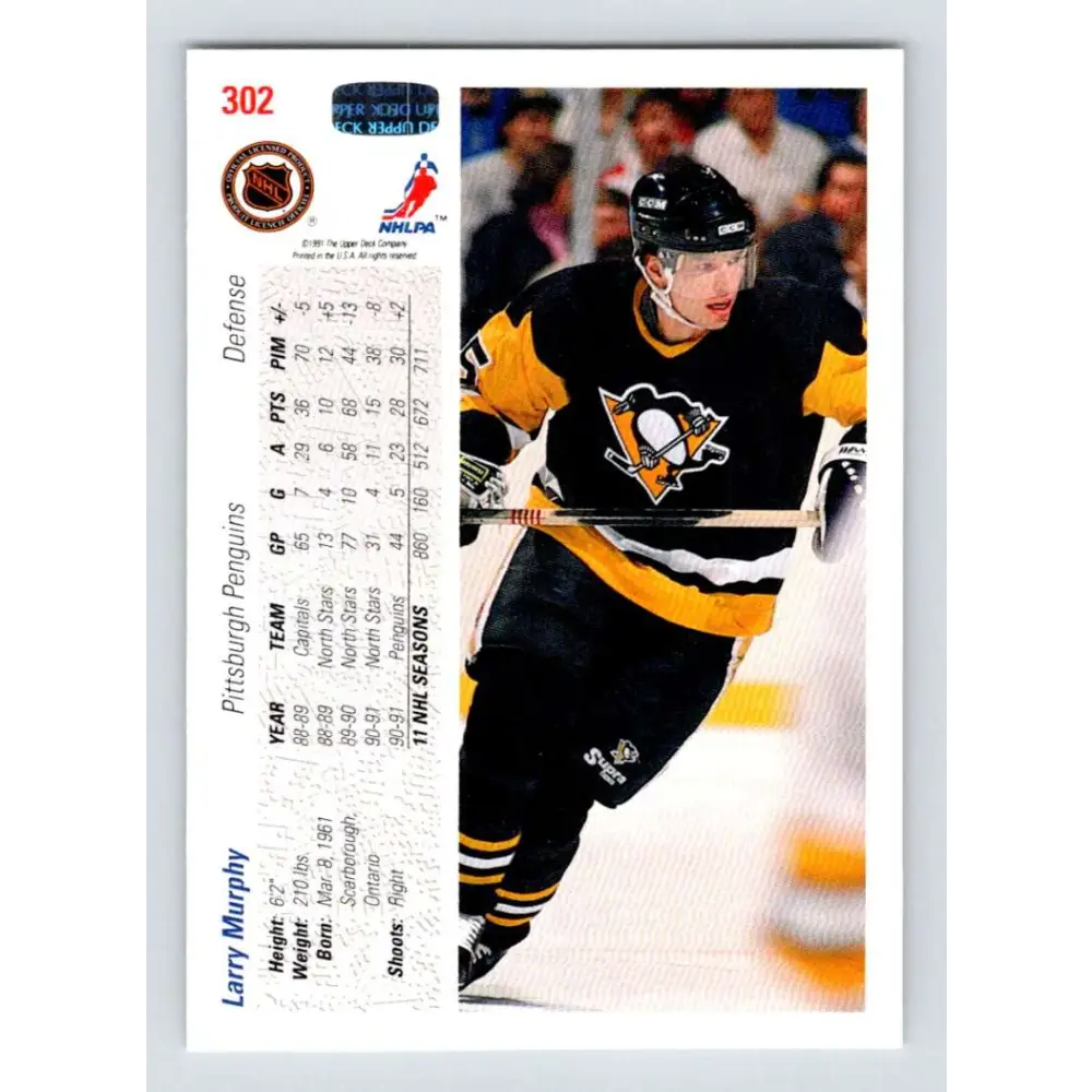 1991-92 Upper Deck #302 Larry Murphy NM-MT Pittsburgh Penguins Hockey Card Image 2