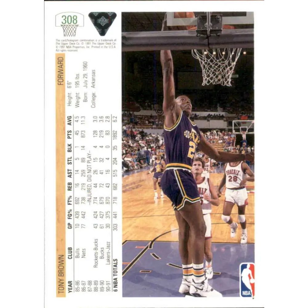 1991-92 Upper Deck #308 Tony Brown NM-MT Utah Jazz Basketball Card Image 2