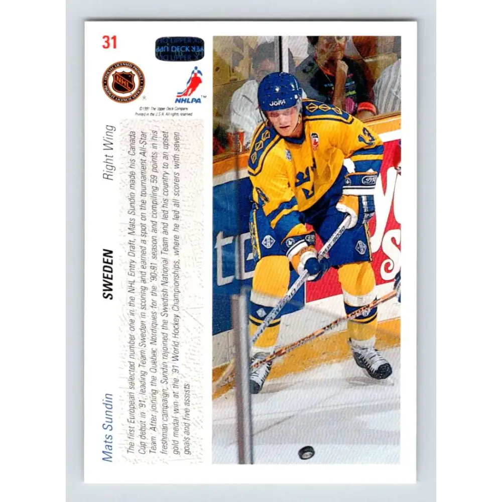 1991-92 Upper Deck #31 Mats Sundin NM-MT Quebec Nordiques Hockey Card Image 2