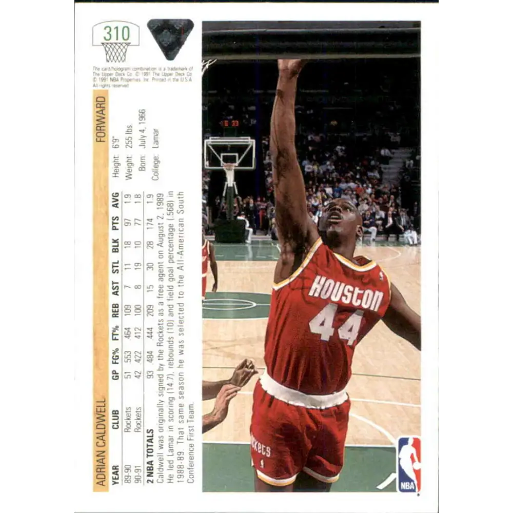 1991-92 Upper Deck #310 Adrian Caldwell NM-MT Houston Rockets Basketball Card Image 2