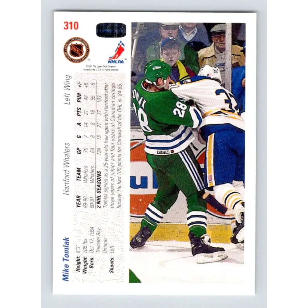 1991-92 Upper Deck #310 Mike Tomlak NM-MT Hartford Whalers Hockey Card Image 2