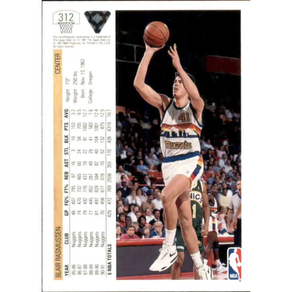 1991-92 Upper Deck #312 Blair Rasmussen NM-MT Denver Nuggets Basketball Card Image 2