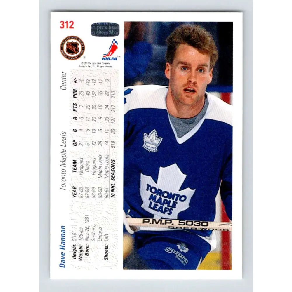 1991-92 Upper Deck #312 Dave Hannan NM-MT Toronto Maple Leafs Hockey Card Image 2