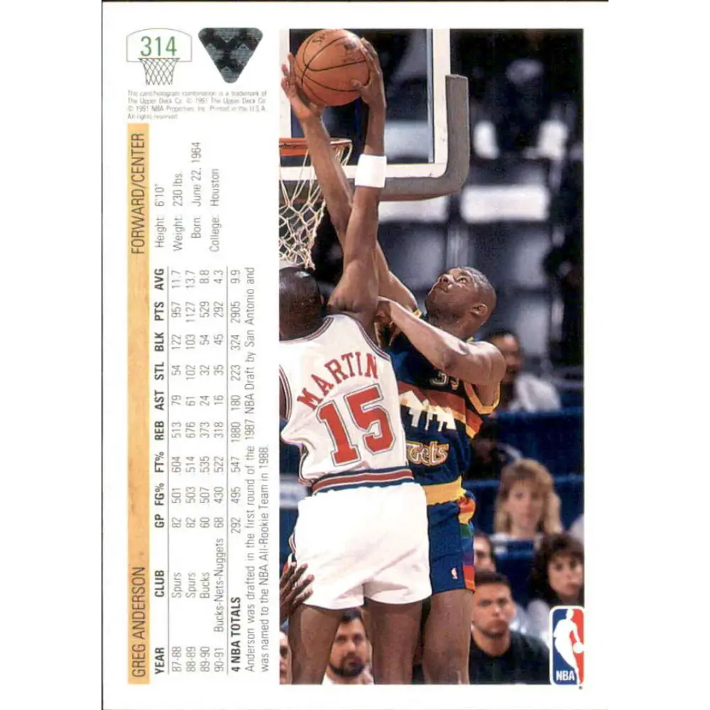 1991-92 Upper Deck #314 Greg Anderson NM-MT Denver Nuggets Basketball Card Image 2