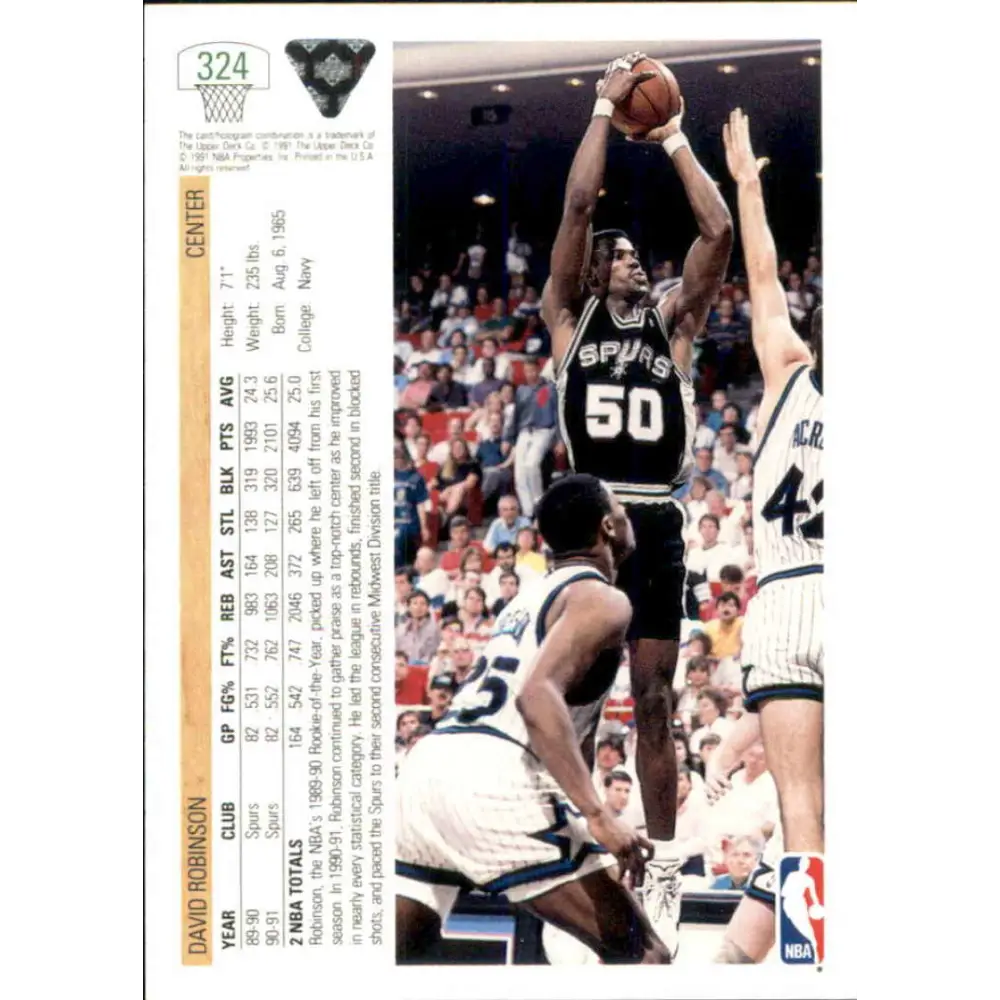 1991-92 Upper Deck #324 David Robinson NM-MT San Antonio Spurs Basketball Card Image 2