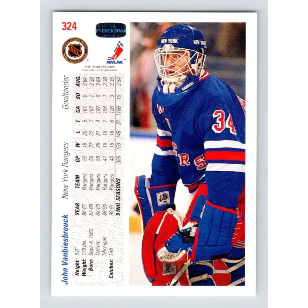 1991-92 Upper Deck #324 John Vanbiesbrouck NM-MT New York Rangers Hockey Card Image 2