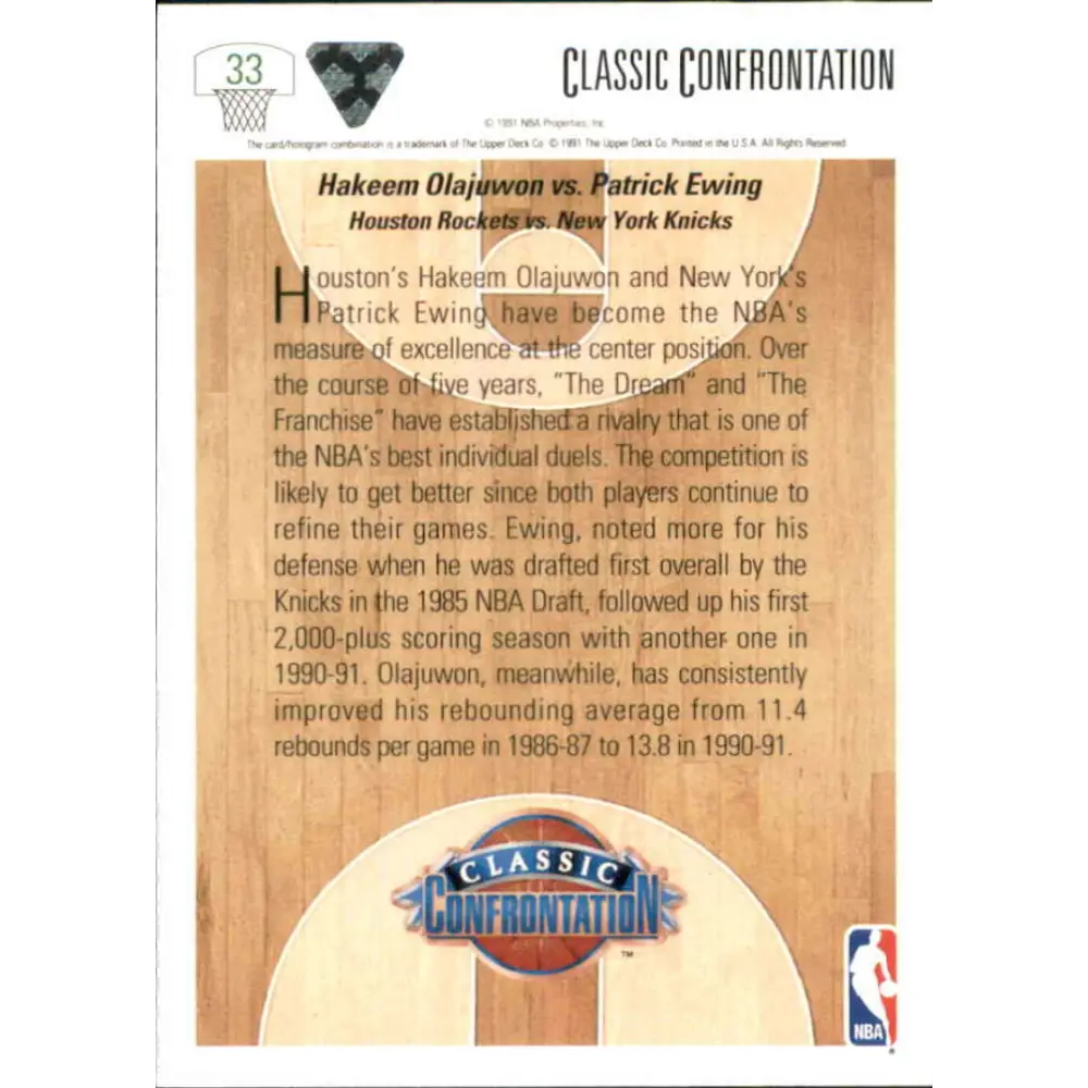 1991-92 Upper Deck #33 Hakeem Olajuwon/Patrick Ewing CC NM-MT Houston Rockets/New York Knicks Basketball Card Image 2