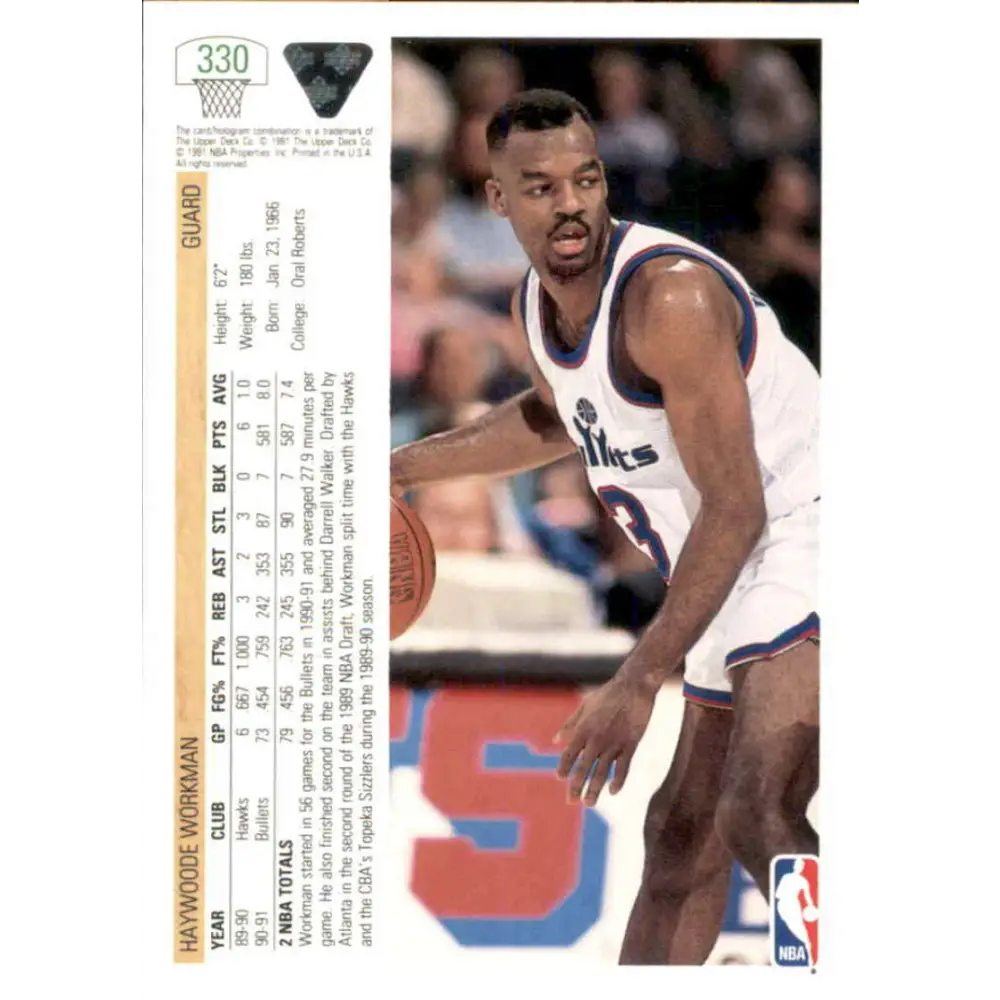 1991-92 Upper Deck #330 Haywoode Workman NM-MT RC Rookie Washington Bullets Basketball Card Image 2