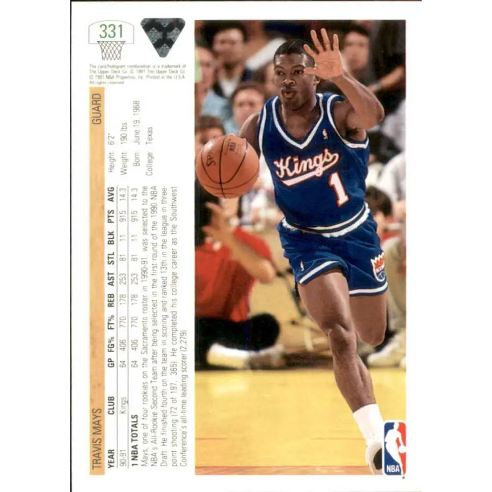 1991-92 Upper Deck #331 Travis Mays NM-MT Sacramento Kings Basketball Card Image 2