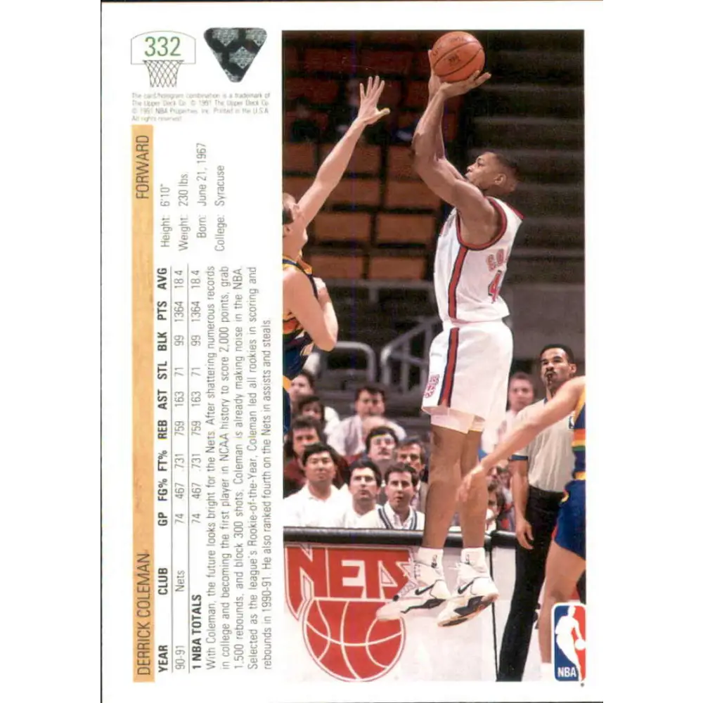 1991-92 Upper Deck #332 Derrick Coleman NM-MT New Jersey Nets Basketball Card Image 2